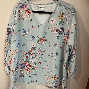 CJ Banks Floral V-Neck Blouse - Blue and Multicolor